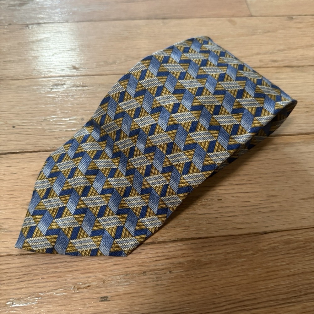 Ermenegildo Zegna Mens Tie Blue Green Geometric 100% Silk Necktie Made In Italy